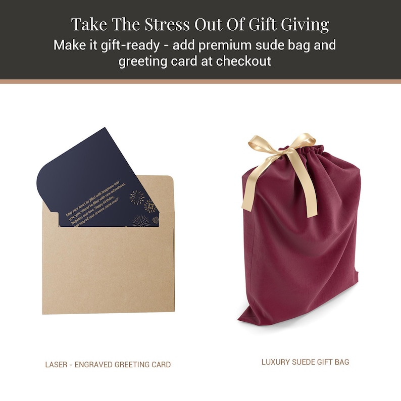 a brown envelope with a black card inside, a burgundy satchel with a gold ribbon, and a brown paper bag with a gold ribbon.