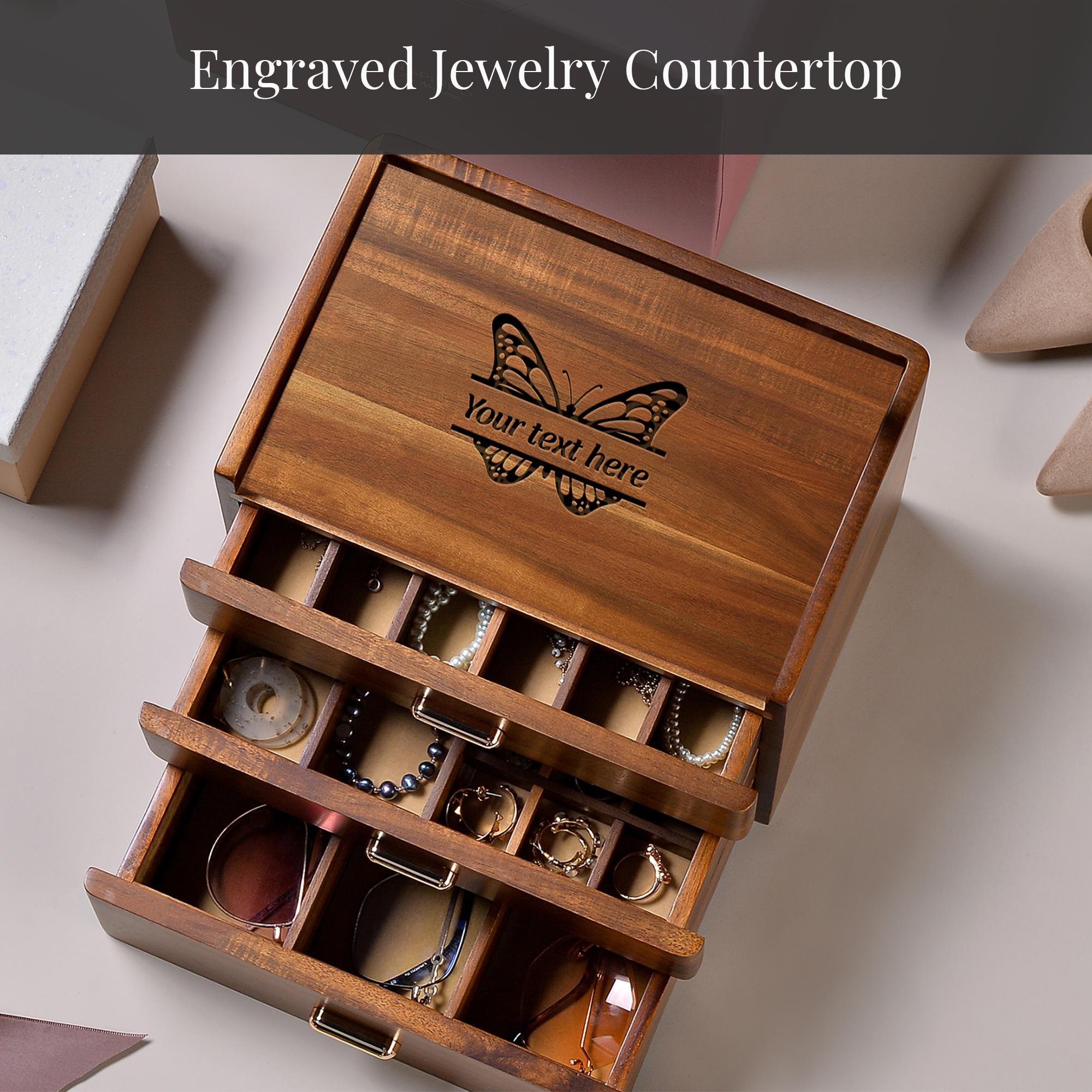Custom Engraved Wooden Jewelry Box With Drawers Large Capacity 3