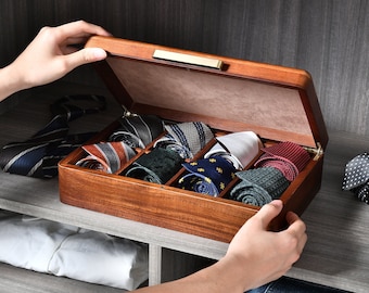 Tie Storage Box - Personalized Groom Gifts from the Bride, Premium Quality Custom Wedding Gift, Solid Wood Box with Lid, 8 Ties Organizer