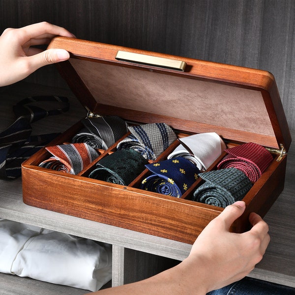Tie Storage Box - Personalized Groom Gifts from the Bride, Premium Quality Custom Wedding Gift, Solid Wood Box with Lid, 8 Ties Organizer