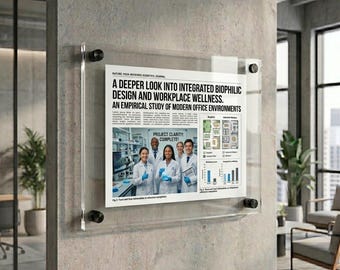 May include: A clear acrylic wall-mounted sign holder featuring a printed document titled A Deeper Look Into Integrated Biophilic Design and Workplace Wellness. The display is secured with four black circular standoffs at the corners.