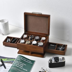 Walnootafwerking Watch Box Organizer met 8 verdelersleuven, zachte fluwelen kussens, uittrekbare lades, manchetknopen,verwijderbare verdeler