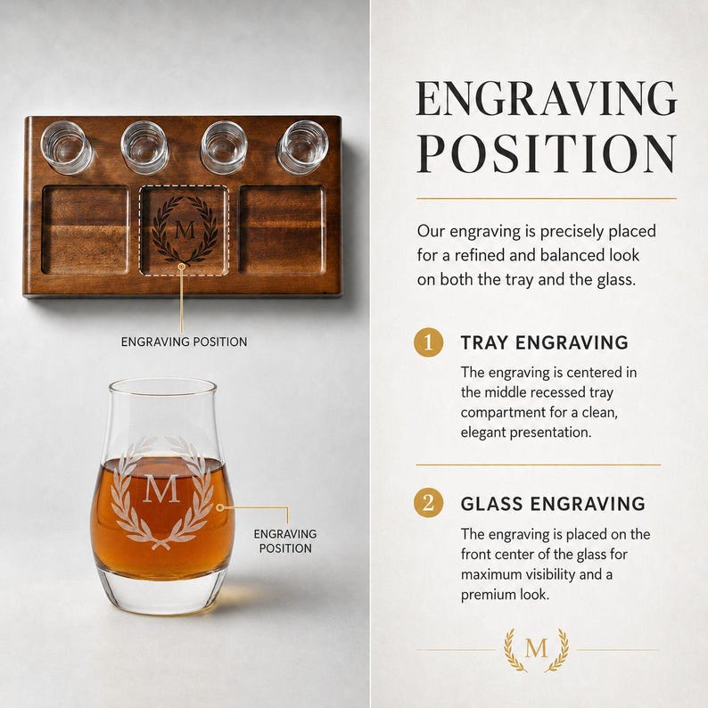 The image is a detailed guide on how to engrave a tray and a glass with a monogrammed logo, with a close-up view of the engraved glass and tray.