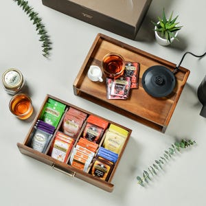 Custom wooden tea box with compartments engraved tea bag organizer gift for kitchen drawer tea storage personalized tea holder