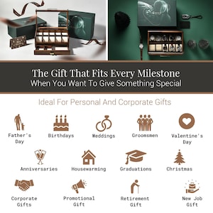 The image is a collage of various gift ideas, including personal and corporate gifts, ideal for different occasions such as Father's Day, Valentine's Day, birthdays, weddings, groomsmen, and more.