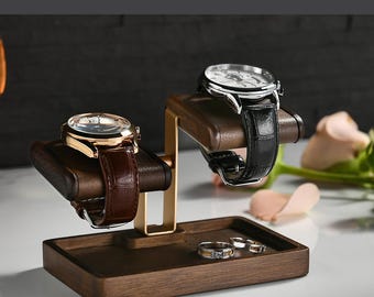 Dual wooden watch stand valet tray for men elegant organizer gift for husband watch holder for office desk or nightstand display
