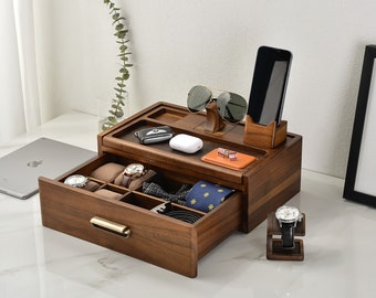 Valet Box for Men Elegant Wood Watch Box with Charging Station Organizer, Mens Docking Station Valentines Gift for Organizing Everyday Carry