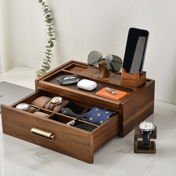 Valet Box for Men Elegant Wood Watch Box with Charging Station Organizer, Mens Docking Station Valentines Gift for Organizing Everyday Carry