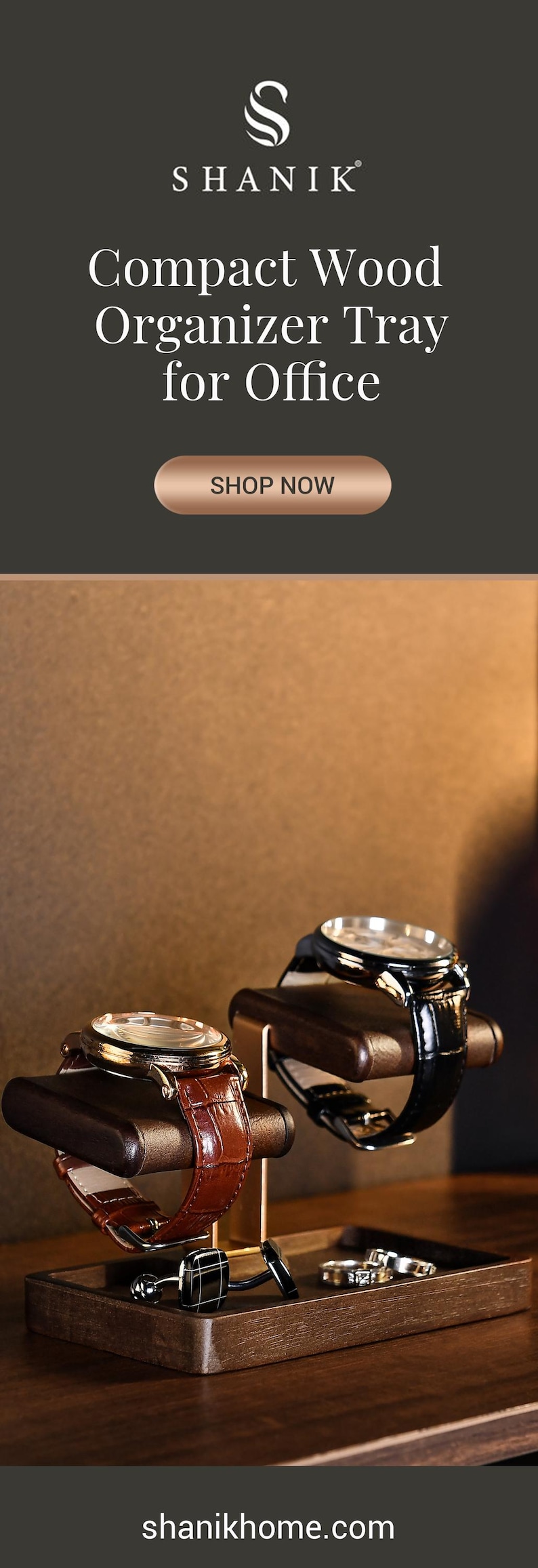 a compact wood organizer tray with two watches displayed on it, placed on a wooden surface.