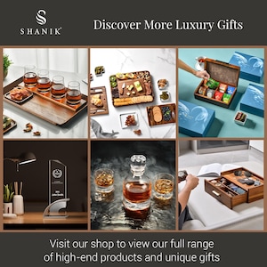 The image is a collage of six different images showcasing various luxury gifts and products, including a tray of glasses, a wooden box, a glass decanter, a trophy, and a drawer with a book and other items.