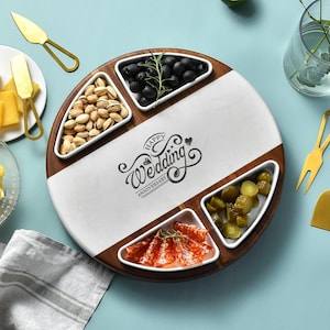 Personalized Lazy Susan for Table - Marble and Wood Charcuterie Board  Round Serving Board  Custom Engraved Wedding Gift for Couple