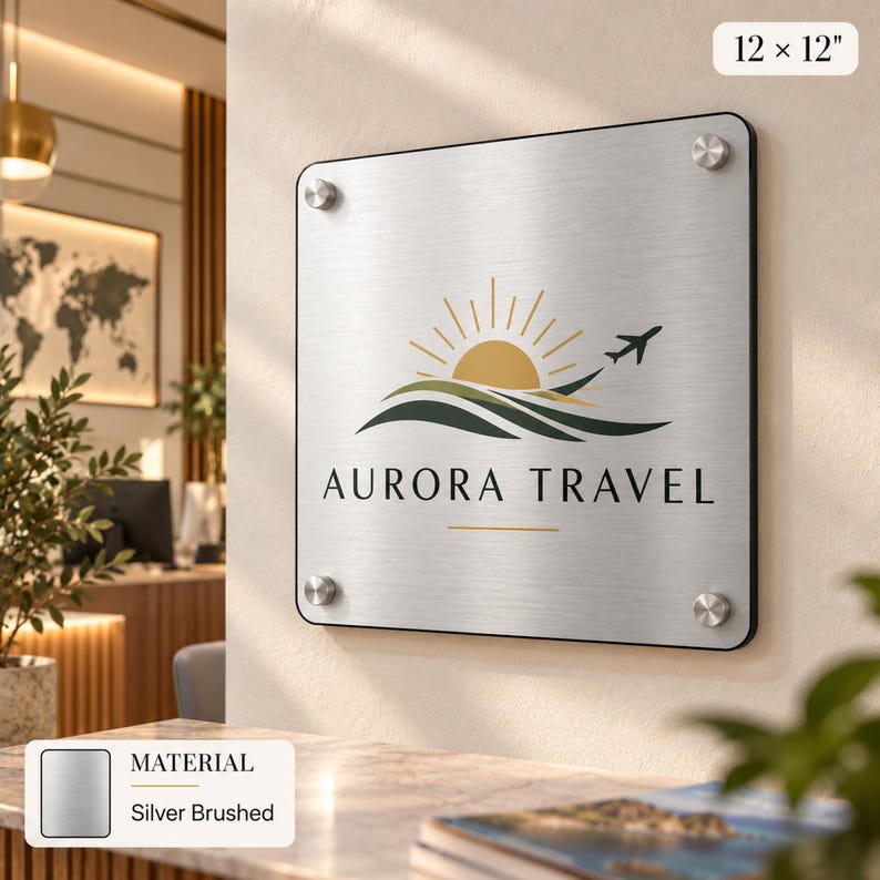 a sign for "Aurora Travel" with a sun and airplane logo, mounted on a wall.