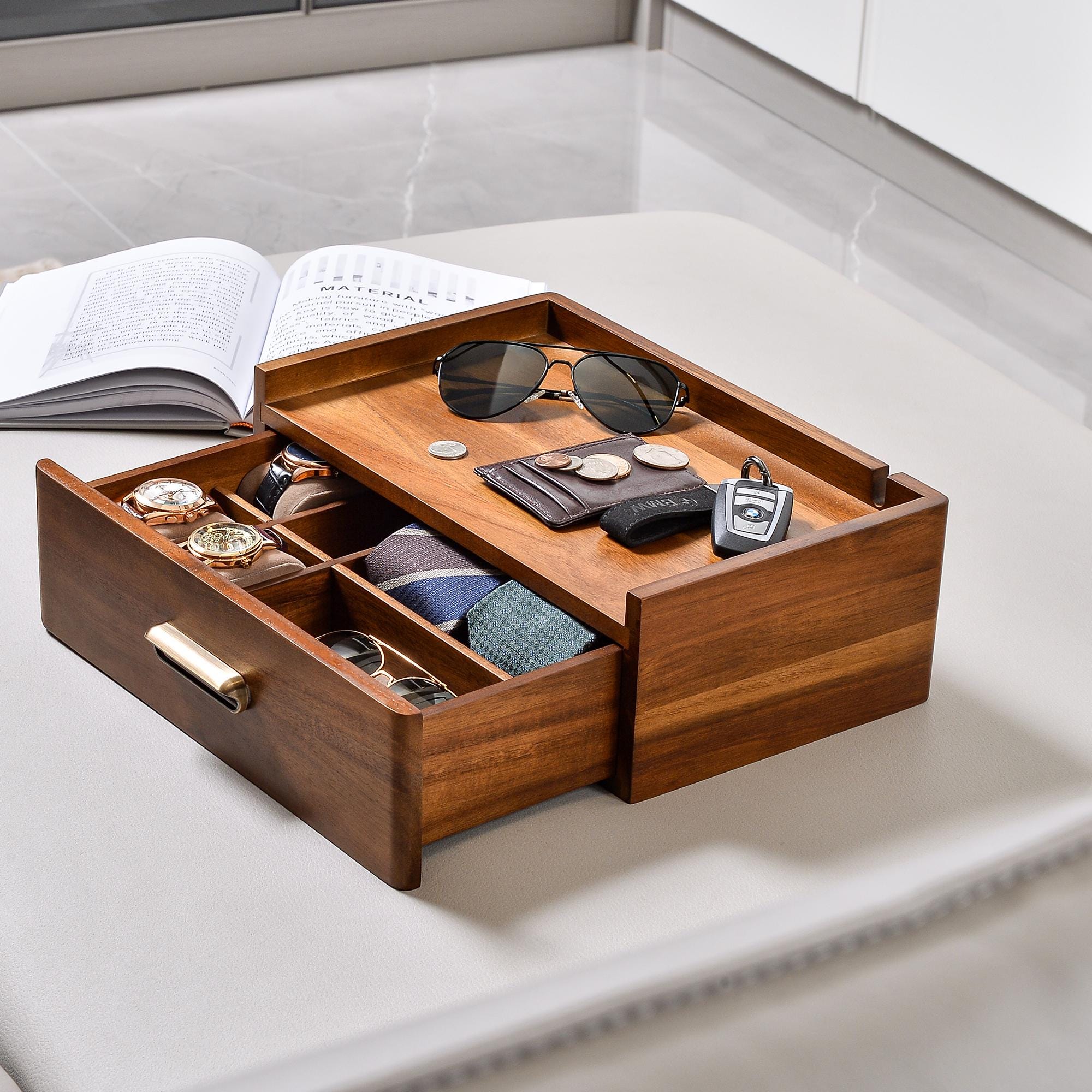MUSEHOMEINC Cassetto Portaoggetti In Legno Massello Sotto Il Letto – Con 4 Ruote, Scomparto Divisorio, 89,9x50x14,7 Cm
