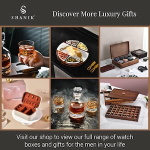The image is a collage of six different images showcasing various luxury gifts and watch boxes for men.