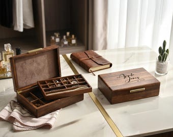 Engraved Wooden Jewelry Box Organizer with Removable Tray Compartments