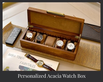 Custom Watch Box For Men, 5 Slot Natural Wood Jewelry & Small Accessories Organizer with Personalized Engraving, Birthday Gift For Boyfriend