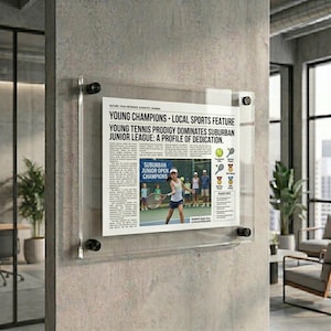 Pode incluir: Uma moldura de parede em acrílico transparente contendo um recorte de jornal intitulado Young Champions - Local Sports Feature. A moldura é fixada com quatro suportes circulares pretos nos cantos, exibindo um artigo sobre ténis.