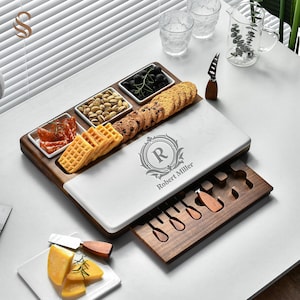 Shanik Wood Marble Cheese Board Set with 3 Ceramic Bowls Stainless Steel Cutlery Set  Charcuterie Board Set & Gift for Any Occasion