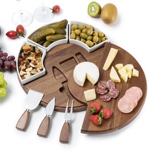 Tabla de cortar queso Shanik - Tabla de charcutería, plato para servir queso, juego de cuchillos de acero inoxidable, 3 tazones de cerámica
