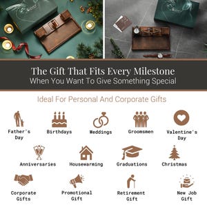 The image is a collage of various gift ideas, including a father's day gift, a wedding gift, a graduation gift, a housewarming gift, a Christmas gift, a new job gift, and a corporate gift. The image showcases different types of gifts that can be given to celebrate special occasions and milestones in life.