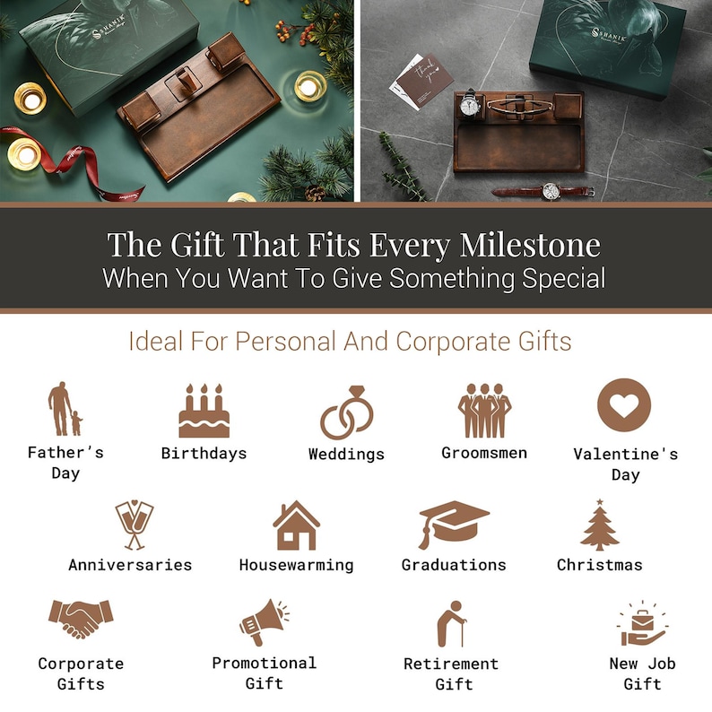 The image is a collage of various gift ideas, including a father's day gift, a wedding gift, a graduation gift, a housewarming gift, a Christmas gift, a new job gift, and a corporate gift. The image showcases different types of gifts that can be given to celebrate special occasions and milestones in life.