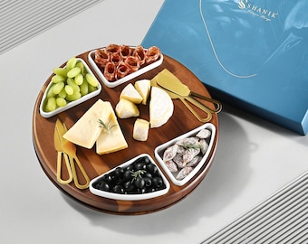 Custom Wedding Lazy Susan Cheeseboard, Engraved Wood Charcuterie Plate, Round Appetizer Serving Platter, Unique Personalized Gift For Couple