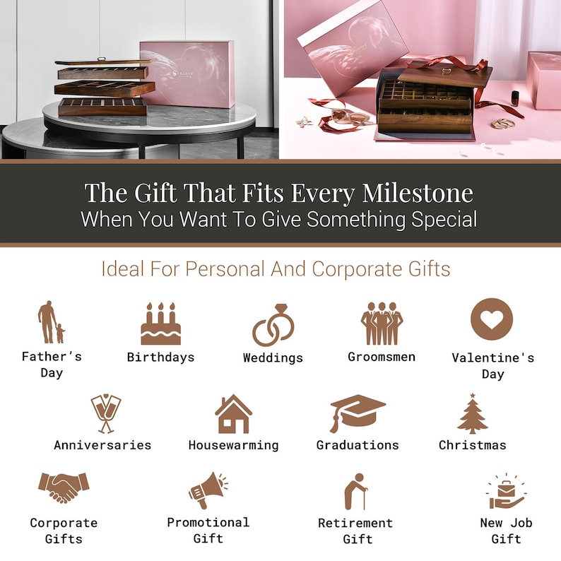 The image is a collage of various gift ideas, including personal and corporate gifts, such as a father's day gift, a wedding gift, a housewarming gift, a graduation gift, a Christmas gift, a housewarming gift, a promotional gift, a retirement gift, and a new job gift.