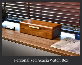 Personalized Valentines Men's Watch Box, Natural Acacia Wooden Jewelry Organizer with Engravement, Elegant Decorative Accessories Storage
