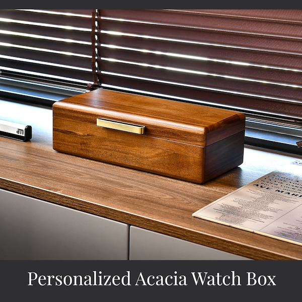 Personalized Valentines Men's Watch Box, Natural Acacia Wooden Jewelry Organizer with Engravement, Elegant Decorative Accessories Storage