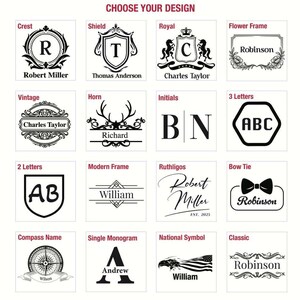 a collection of 16 different monogram designs, each featuring a unique combination of letters and symbols. These monograms can be used for personalizing items such as pens, notebooks, or other accessories. The designs include various styles like vintage, horn, initials, and classic, as well as monograms like Robert Miller, Thomas Anderson, Charles Taylor, and others. The monograms are presented in a grid format, allowing for easy comparison and selection based on individual preferences.