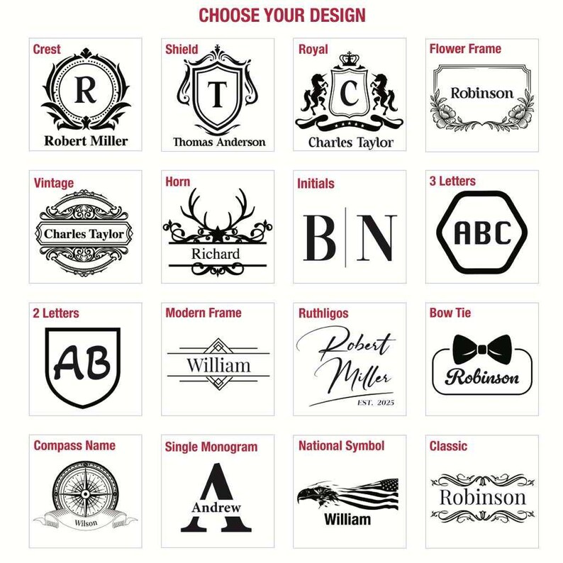 a collection of 16 different monogram designs, each featuring a unique combination of letters and symbols. These monograms can be used for personalizing items such as pens, notebooks, or other accessories. The designs include various styles like vintage, horn, initials, and classic, as well as monograms like Robert Miller, Thomas Anderson, Charles Taylor, and others. The monograms are presented in a grid format, allowing for easy comparison and selection based on individual preferences.
