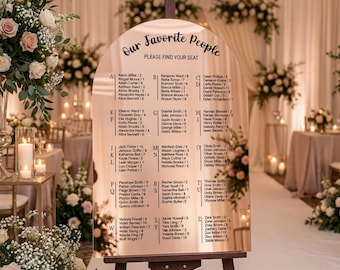 Plano de asientos para invitados, planificador de lista de invitados arqueada, cartel de plano de asientos para bodas, lista de invitados en espejo, plano de asientos para bodas, números de mesa junto al nombre