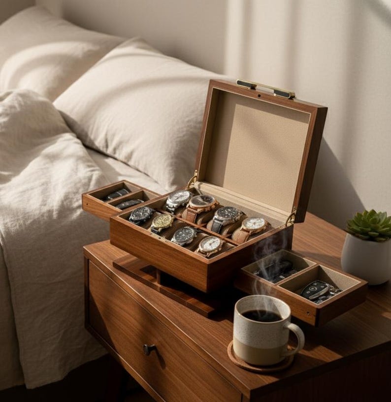A wooden nightstand with a wooden box containing multiple watches, a cup of coffee, and a potted plant.