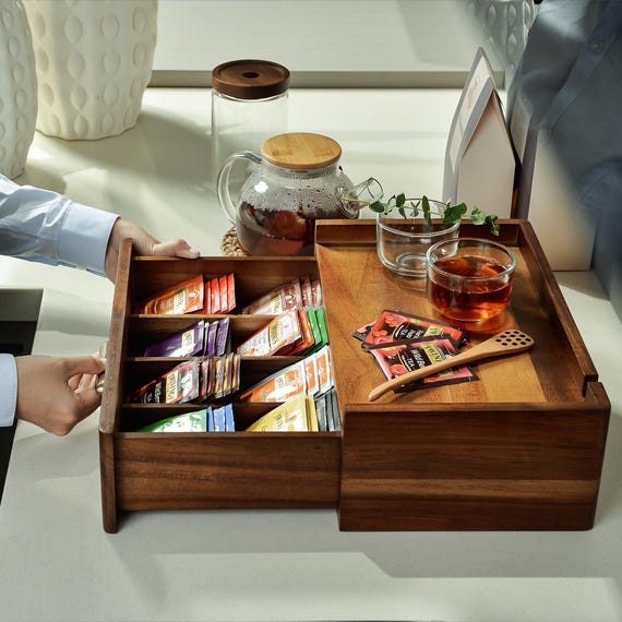 Personalized wooden tea box drawer organizer for kitchen storage tea lover gift with name date engraved