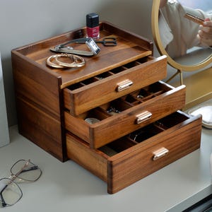 Wooden Makeup Organizer and Jewelry Storage Countertop Box for Cosmetic & Perfume Display  Engraved Solid Wood Personalized Gifts for Mom