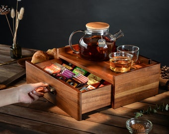 Custom Engraved Tea Organizer - Personalized Tea Box with Drawer for Tea Collection, Solid Wood Tea Station - Modern Tea Drinker Gift