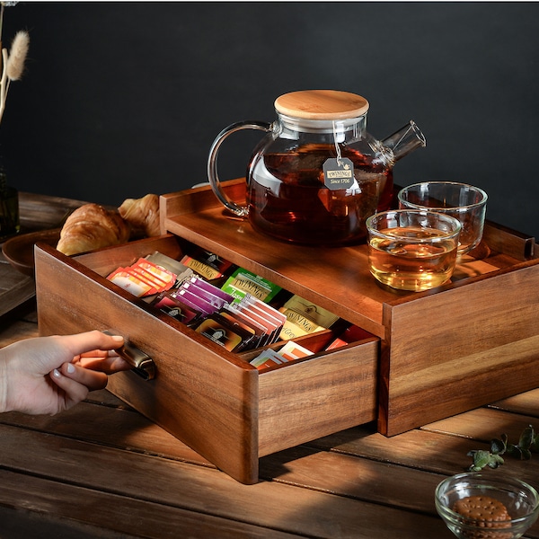 Custom Engraved Tea Organizer - Personalized Tea Box with Drawer for Tea Collection, Solid Wood Tea Station - Modern Tea Drinker Gift