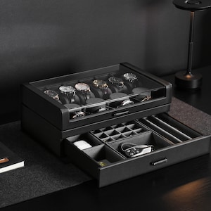 Personalized Men's Watch Box with Drawer - Watch Display Case for 10 Watches  Valet Box with Cufflink Storage  Leather Anniversary for Him