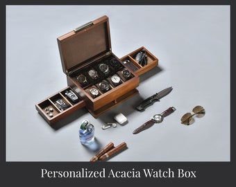 Rustic Gray Watch Box Organizer with 8 Divider Slots, Soft Velvet Pillows, Pull-Out Drawers, Cufflinks, Removable Divider, Best gift ever