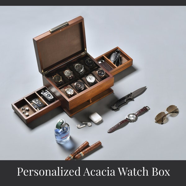 Rustic Gray Watch Box Organizer with 8 Divider Slots, Soft Velvet Pillows, Pull-Out Drawers, Cufflinks, Removable Divider, Best gift ever