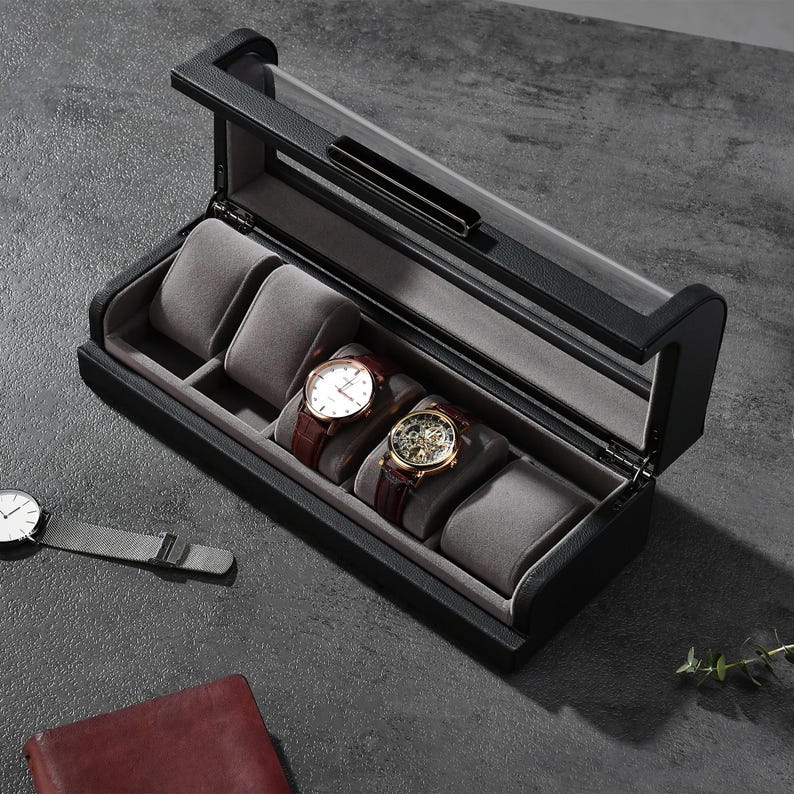 Personalized Box for 5 Watches Custom Engraved Watch Display Case Leather Watch Box for Men Customized Black Valentine or Wedding Gifts image 8