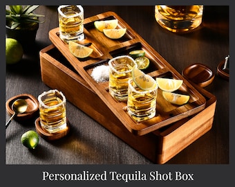 Personalized Boyfriend Tequila Shot Glass Set with Box, Engraved Wooden Storage, Drink Coasters and Serving Tray, Custom Valentines Day Gift