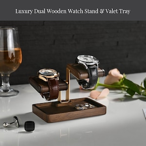 Wood watch organizer tray with dual padded display stand men’s desk organizer elegant valet tray for nightstand dresser or hallway table