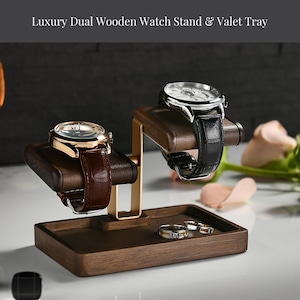 Dual wooden watch stand valet tray for men elegant organizer gift for husband watch holder for office desk or nightstand display