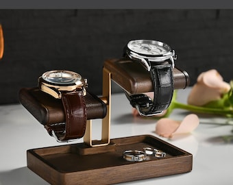 Dual wooden watch stand valet tray for men elegant organizer gift for husband watch holder for office desk or nightstand display