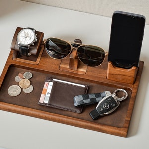 Wood Docking Station for Men, Custom Engraved Personalized Gift for Him, Mens Valet Tray, Elegant Bedside Organizer and Tech Charging Hub