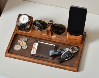 Wood Docking Station for Men, Custom Engraved Personalized Gift for Him, Mens Valet Tray, Elegant Bedside Organizer and Tech Charging Hub