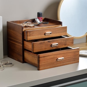 Personalisierte Schmuckschatulle für Frauen Holz Organizer mit 3 Schubladen für Damen Schmuck Kollektion - Ringe Halsketten Ohrringe Fächer