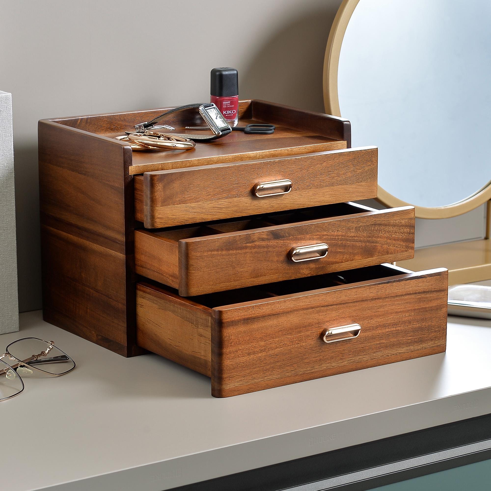 Personalized Jewelry Box for Women  Wooden Organizer with 3 Drawers for Women's Jewelry Collection - Rings  Necklaces  Earrings Compartments