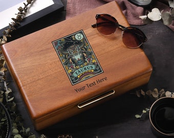 Taurus Gift - Custom Zodiac Sign Box Birthday Gift, Wooden Jewelry Box with Tray and Pull-Out Drawers, Unique Personalized Astrology Gifts